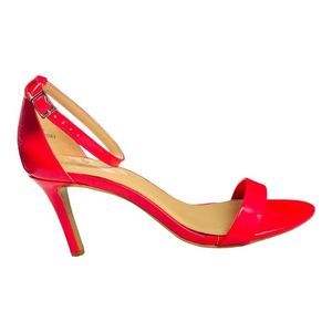 Women's Sz 10 Faux Patent Leather Pink Coral Peep Toe Pumps Ankle Strap